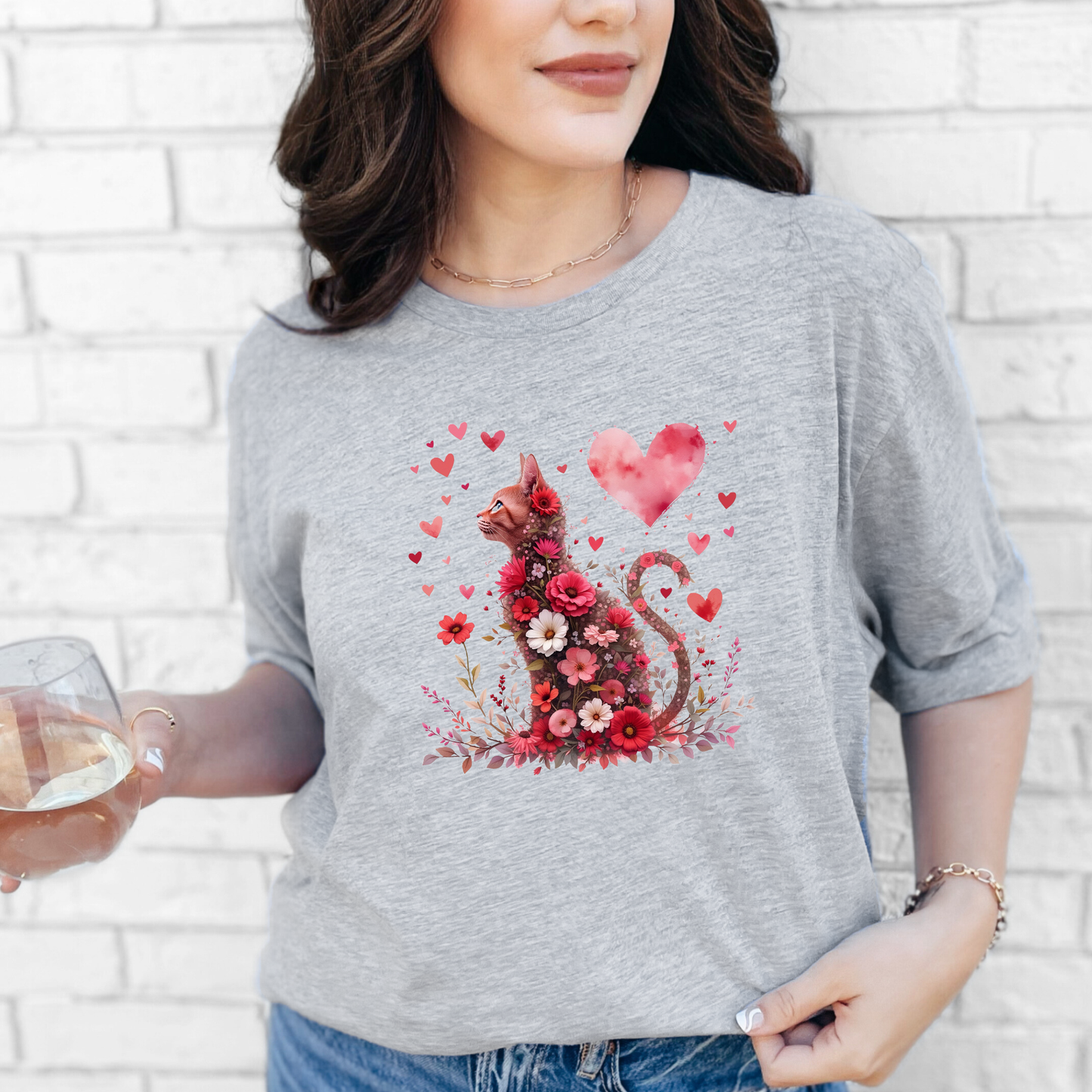 Valentine Floral Cat Graphic Tee