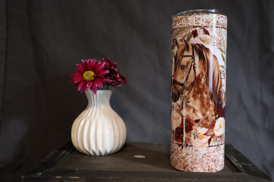 Watercolor Horse With Flowers Tumbler 20 oz with Straw